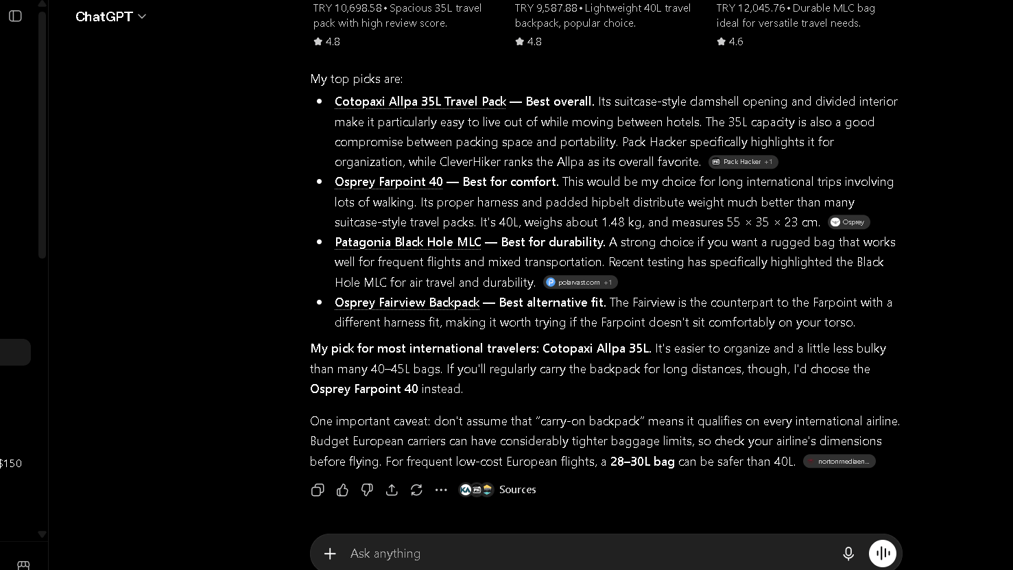 ChatGPT citing Pack Hacker as a source in its international travel backpack recommendations