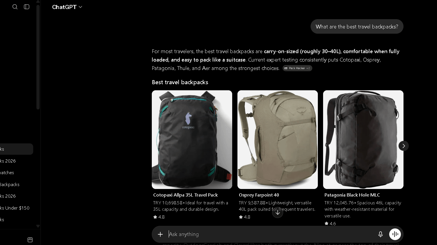 ChatGPT displayed shopping cards for the general “best travel backpacks” prompt, including Cotopaxi, Osprey and Patagonia products. Screenshot captured during NenaWow’s 50-prompt product recommendation benchmark, August 2026.