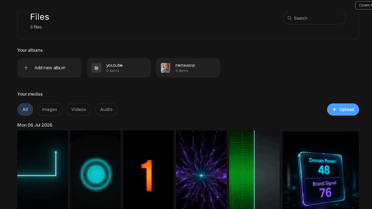 InVideo AI media library showing uploaded images, videos, audio filters, albums, and media management tools.