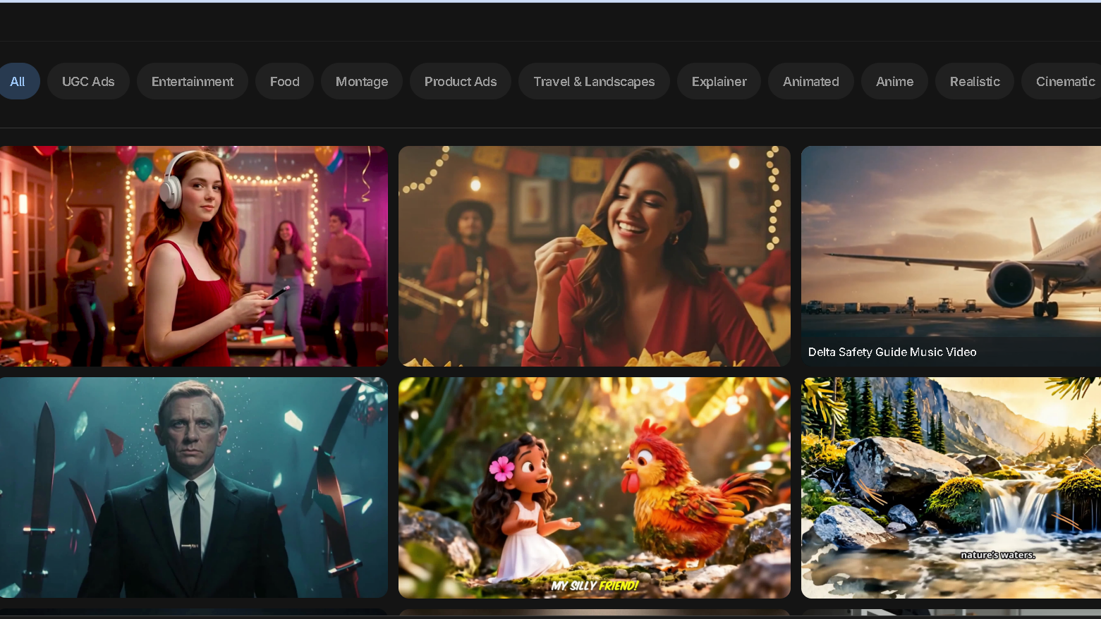 InVideo AI Explore gallery showing example videos and categories including UGC Ads, Product Ads, Explainer, Animated, Anime, Realistic, and Cinematic.