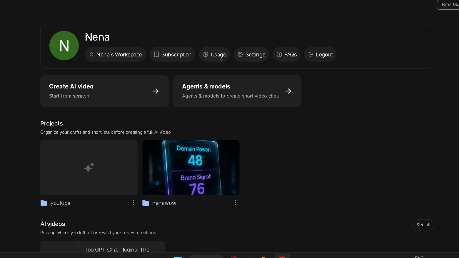 InVideo AI account dashboard showing a Plus subscription, project folders, AI video creation, agents and models, subscription, and usage options.