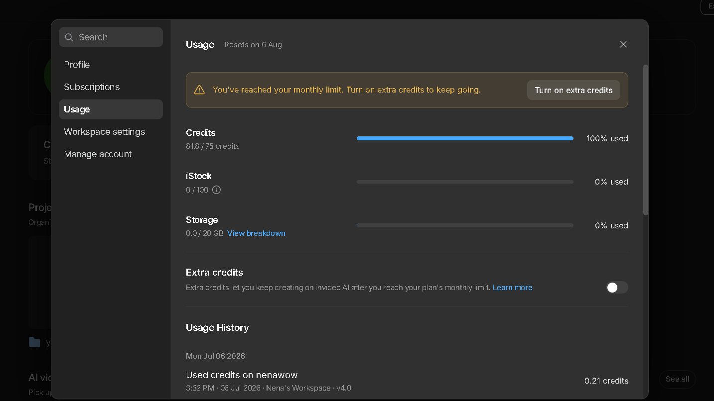 InVideo AI Plus usage screen showing 81.8 of 75 credits consumed and 100% of the monthly credit allowance used.