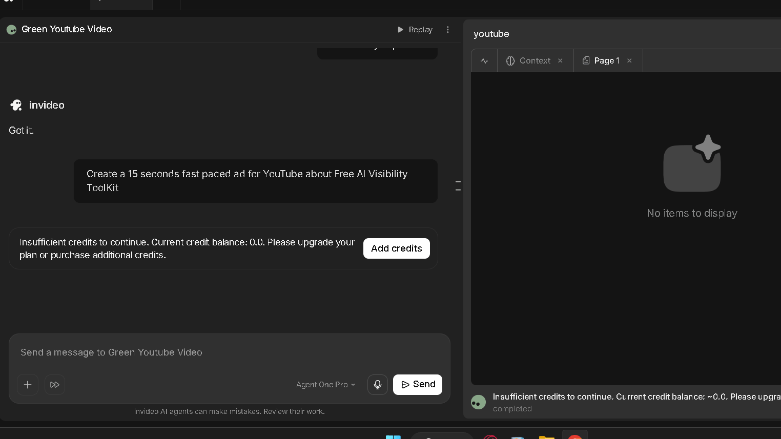 InVideo AI showing an insufficient credits message with a 0.0 credit balance while trying to create a 15-second YouTube video.