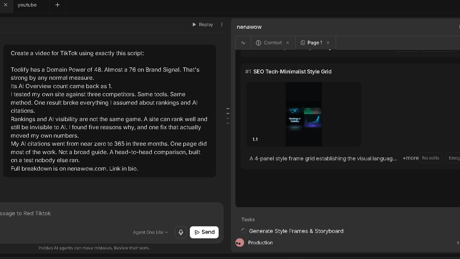 My InVideo AI test showing a full TikTok script submitted to Agent One Lite and generated storyboard sequences instead of a finished video.
