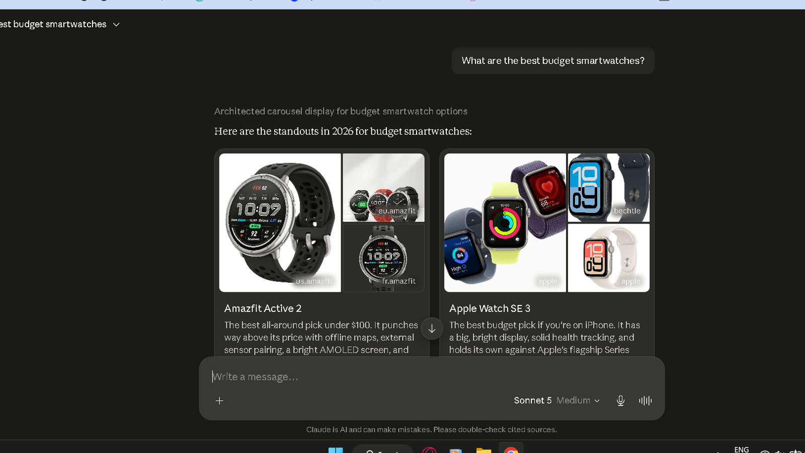 Claude recommends the Amazfit Active 2 as the best all-around budget smartwatch under $100.