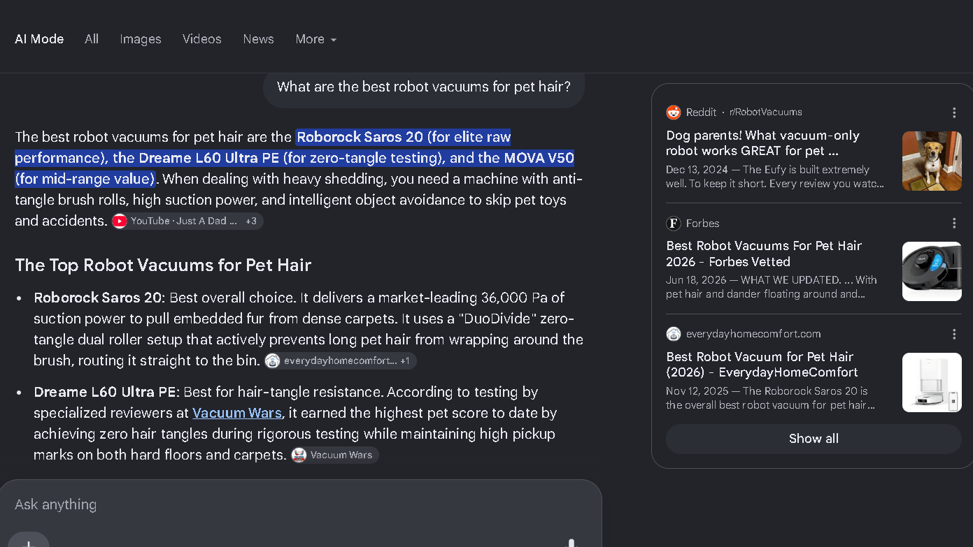 Google AI Mode recommending robot vacuums for pet hair, with supporting sources visible alongside the results.