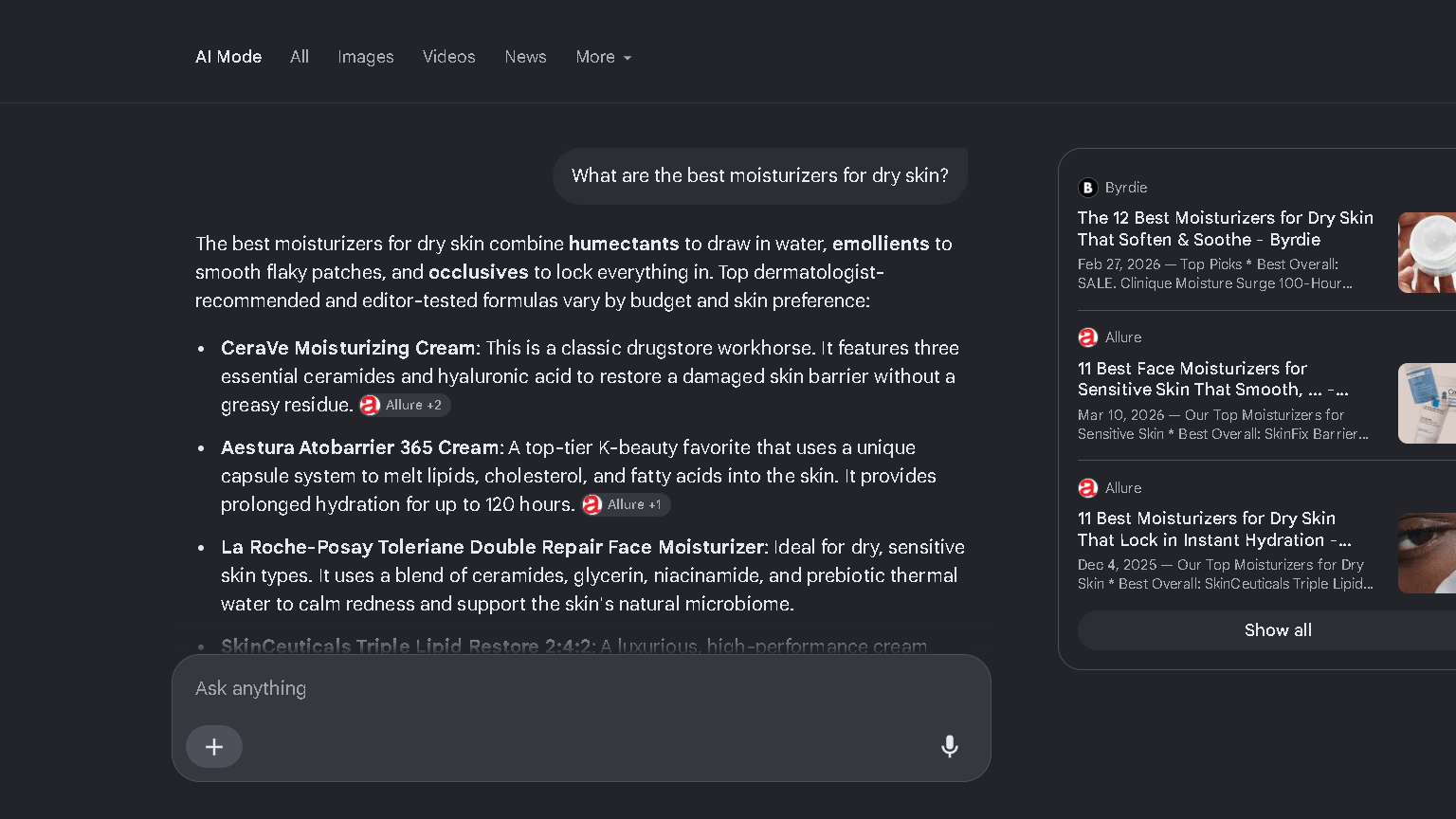 Google AI Mode put CeraVe first for dry-skin moisturizers, one example of the strong brand concentration found in the benchmark.