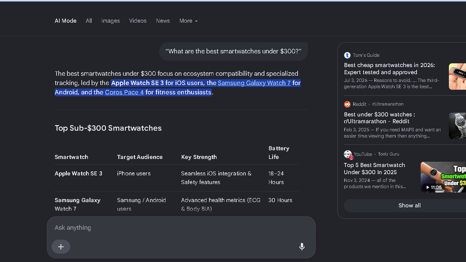 Google AI Mode results for the query “What are the best smartwatches under $300?” showing Apple Watch SE 3, Samsung Galaxy Watch 7, and COROS Pace 4 recommendations
