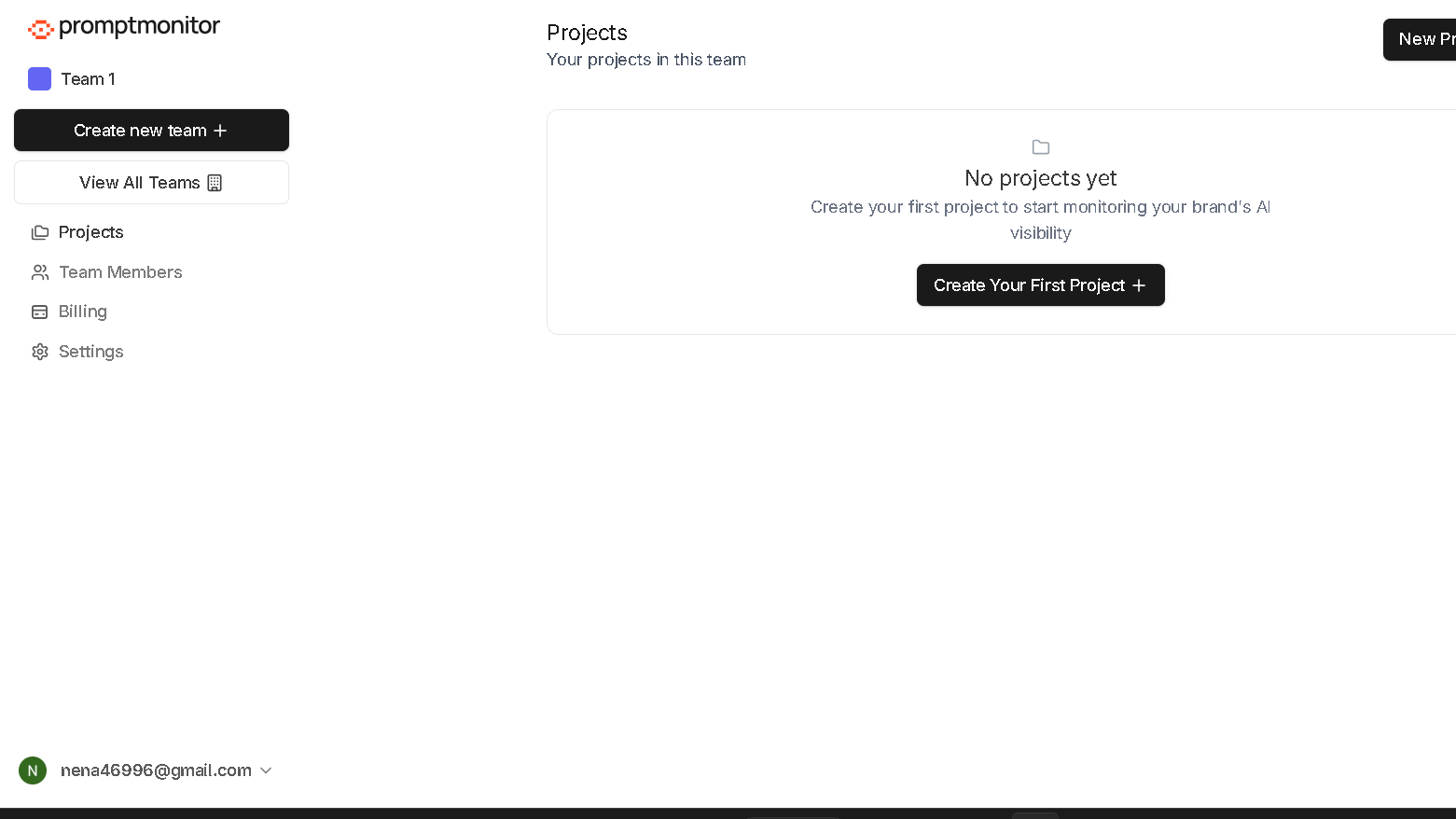 PromptMonitor dashboard showing the empty Projects page with the option to create a new AI visibility monitoring project during the free trial.