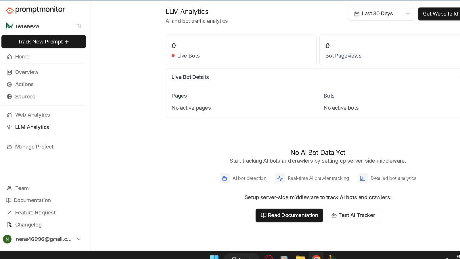 PromptMonitor LLM Analytics dashboard showing AI bot detection, crawler tracking, bot pageviews, and server-side middleware setup for website monitoring.