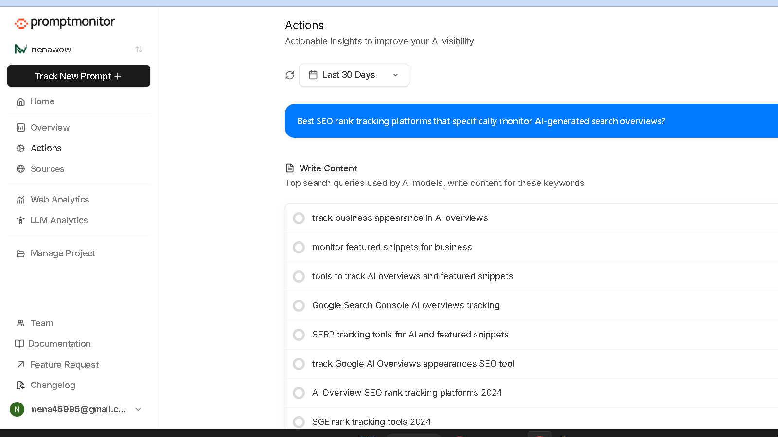 PromptMonitor Actions dashboard showing AI-generated content opportunities and recommended search queries to improve AI visibility.