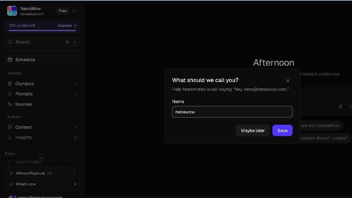 AthenaHQ live dashboard home screen for NenaWow showing 300 credits remaining, with a welcome prompt asking for a display name