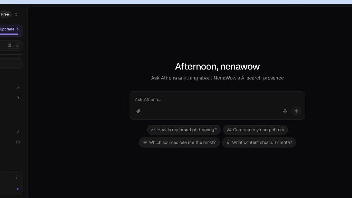 AthenaHQ dashboard home screen with a chat-style "Ask Athena" input box and four quick-action buttons: how is my brand performing, compare my competitors, which sources cite me the most, and what content should I create