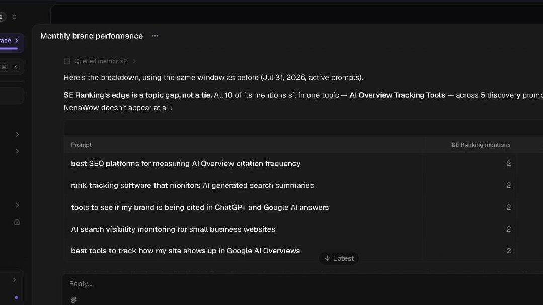 AthenaHQ prompt-level breakdown showing SE Ranking mentioned twice in five discovery prompts under the topic "AI Overview Tracking Tools," while NenaWow appears zero times in the same prompts