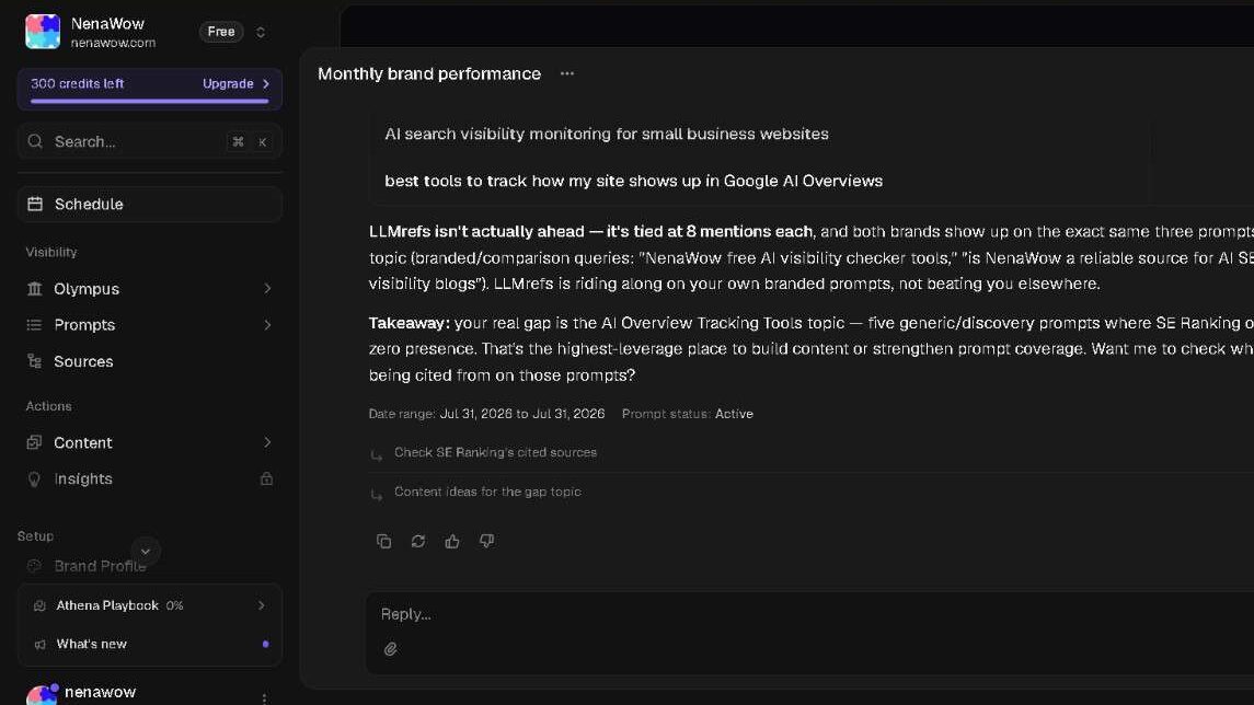 AthenaHQ analysis clarifying that LLMrefs is tied with NenaWow at 8 mentions each on branded comparison prompts, while confirming SE Ranking's real advantage sits in the AI Overview Tracking Tools topic