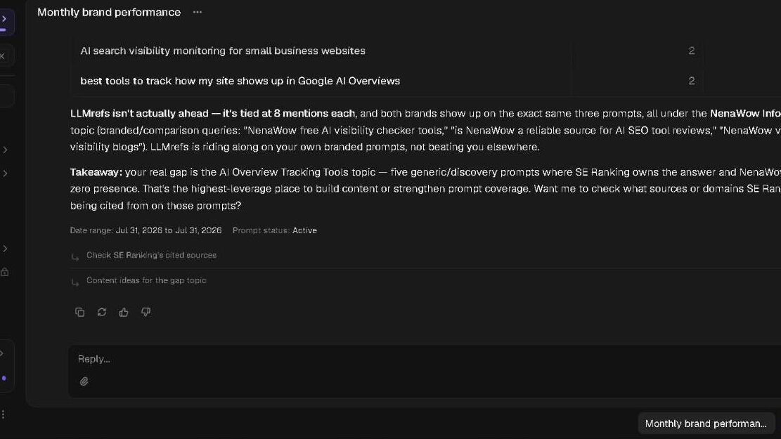AthenaHQ analysis clarifying that LLMrefs is tied with NenaWow at 8 mentions each on branded comparison prompts, while confirming SE Ranking's real advantage sits in the AI Overview Tracking Tools topic