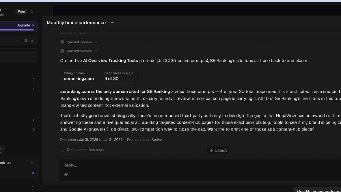 AthenaHQ source analysis revealing SE Ranking's own domain, seranking.com, is the only source cited across all five AI Overview Tracking Tools prompts, with no third-party validation involved